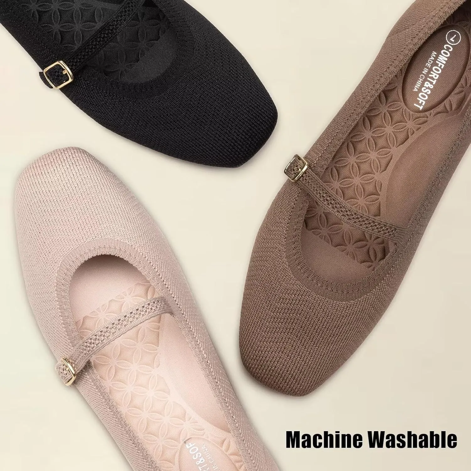 Frank Mully Mary Jane Women Flat Shoes Slip on Square-Toe Washable Shoes Comfortable for Dressy and Work with Ankle Strap