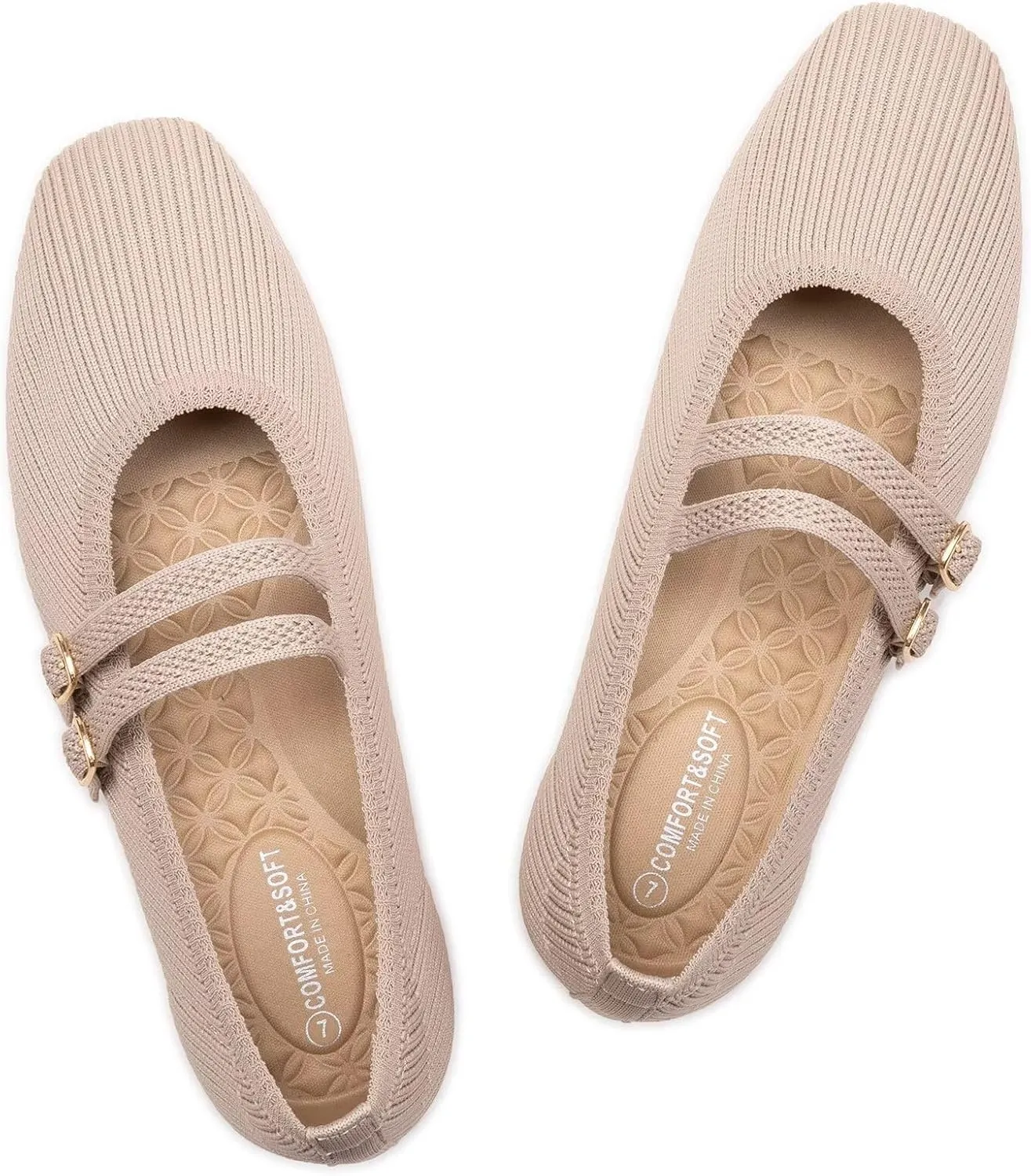 Frank Mully Women's Flats Square Toe Mary Jane Shoes Ballet Flats with Strap Comfortable Slip On Knit Shoes Dressy Casual