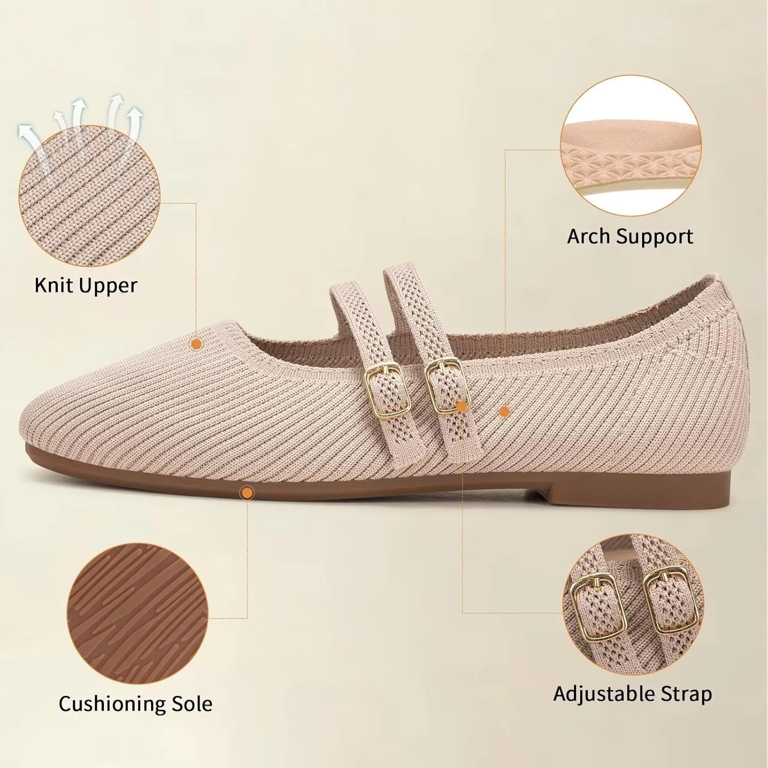 Frank Mully Women's Flats Square Toe Mary Jane Shoes Ballet Flats with Strap Comfortable Slip On Knit Shoes Dressy Casual