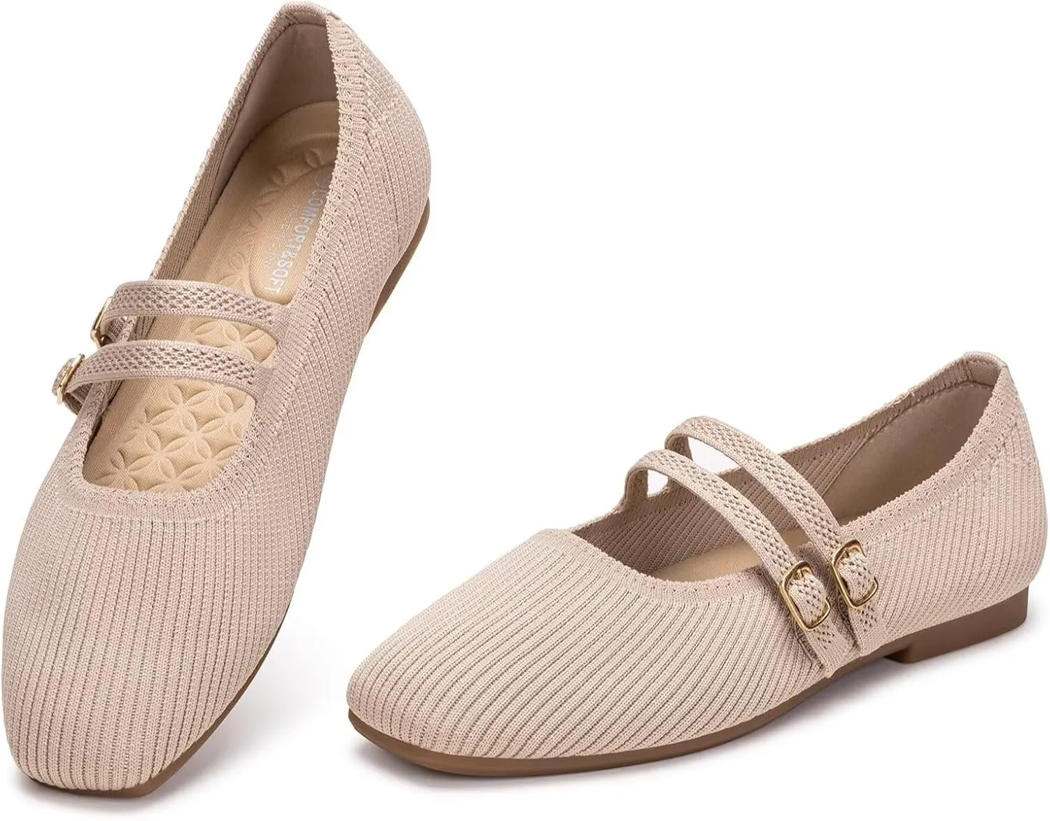 Frank Mully Women's Flats Square Toe Mary Jane Shoes Ballet Flats with Strap Comfortable Slip On Knit Shoes Dressy Casual