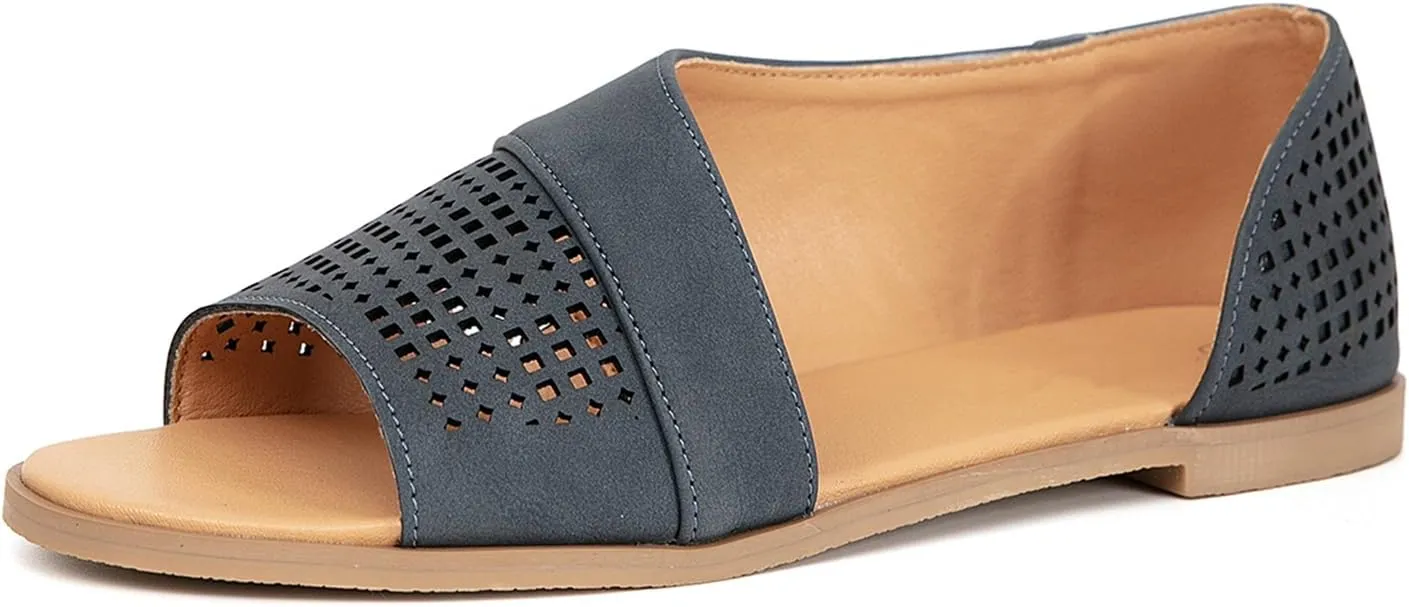 GATUXUS Women's Flats Sandals Open Toe Side Cutout Slip On Casual Slides Flat Shoes
