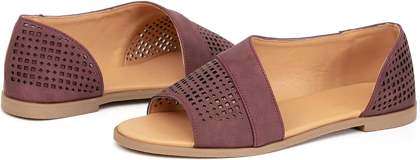 GATUXUS Women's Flats Sandals Open Toe Side Cutout Slip On Casual Slides Flat Shoes