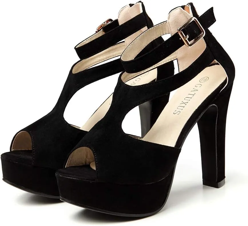 GATUXUS Women's Platform Chunky High Heels Sandals Open Toe Ankle Strap Sexy Dress Sandals Pumps Summer Shoes
