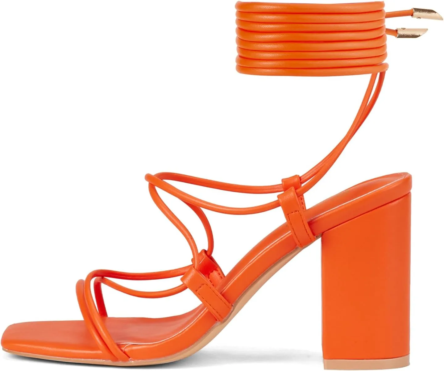 GENSHUO Women's Strappy Chunky Heels Sandals, Lace Up Square Open Toe Ankle Wrap Block Heeled Homecoming Wedding Dress Shoes
