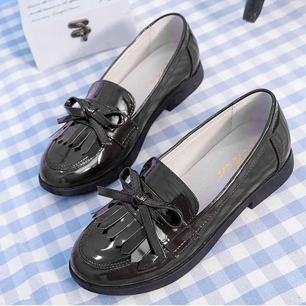 Girls Bowknot Tassel Slip On Loafers Leather Girls Dress Shoes Flats