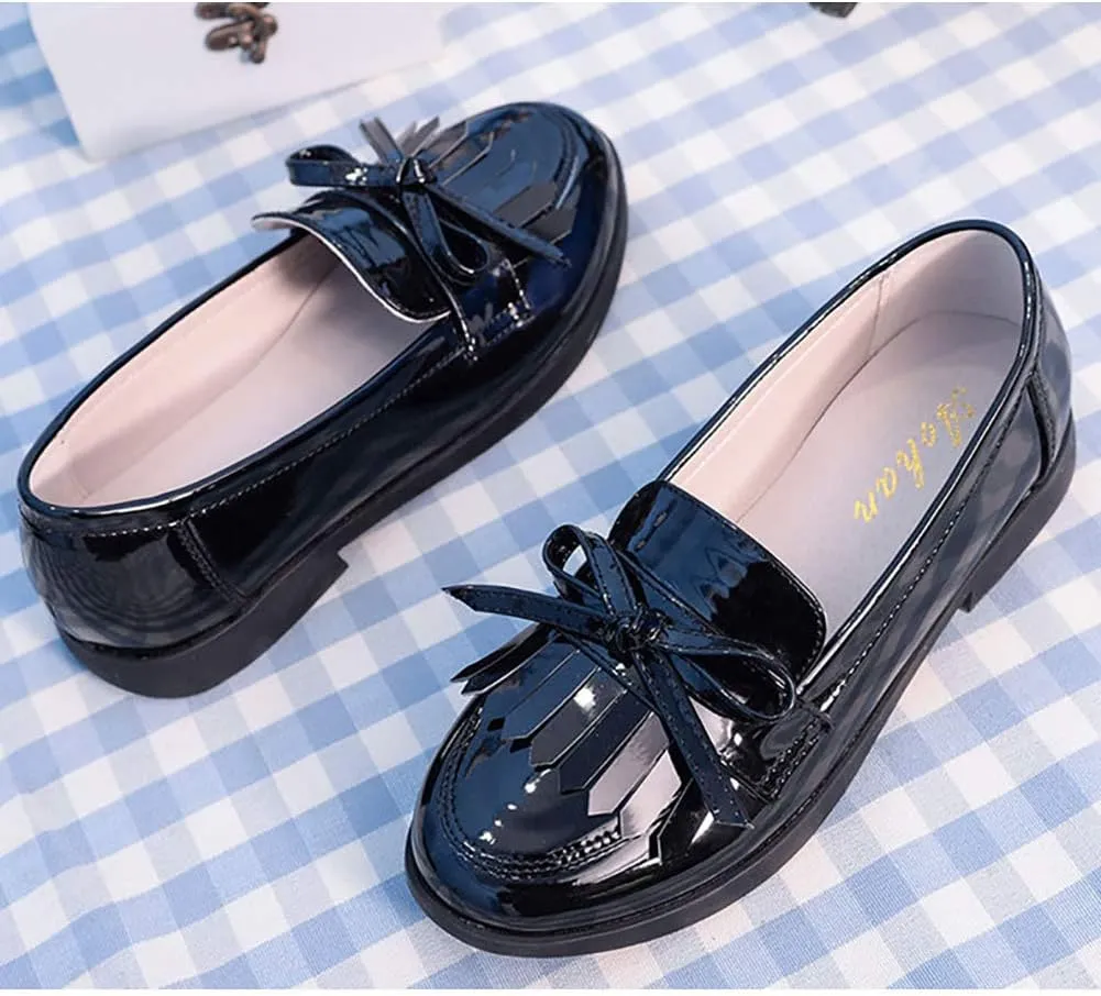 Girls Bowknot Tassel Slip On Loafers Leather Girls Dress Shoes Flats