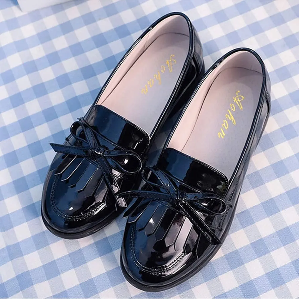 Girls Bowknot Tassel Slip On Loafers Leather Girls Dress Shoes Flats