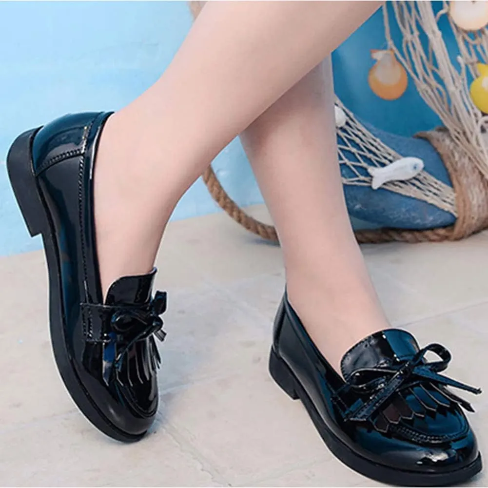 Girls Bowknot Tassel Slip On Loafers Leather Girls Dress Shoes Flats