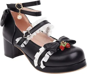 Girls High Heels Lolita Shoes Cute Bow Heels Mary Janes Dress Platform Strappy Black, Pink High Heels Size 4, 11, 10, 2, 1 for Girls
