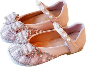 Girls Mary Jane Shoes Sparkl𝐞 Bow Pearl Sequins Ballet Flats for Wedding Party School Ankle Strap Slip On Sandals
