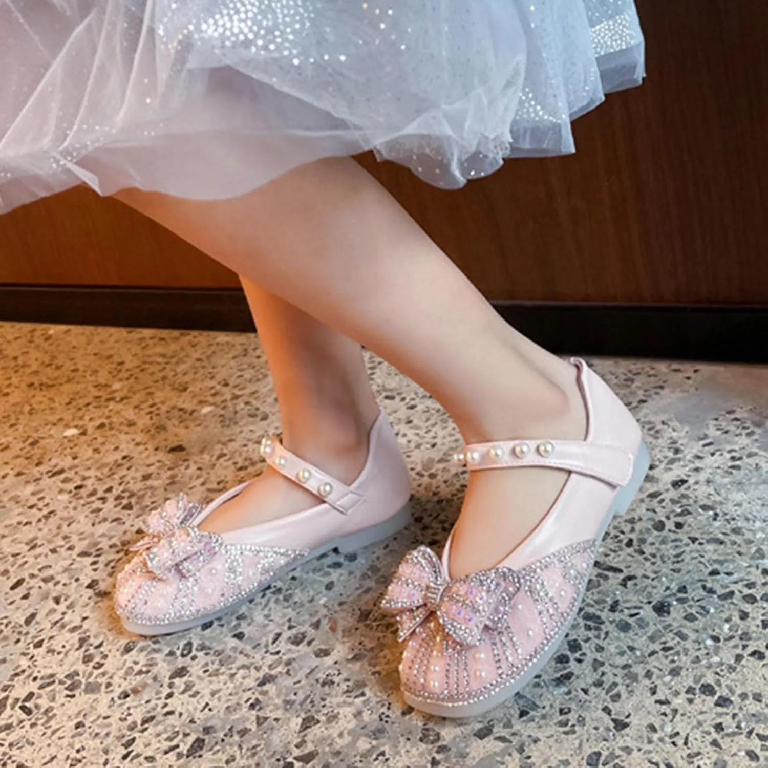 Girls Mary Jane Shoes Sparkl𝐞 Bow Pearl Sequins Ballet Flats for Wedding Party School Ankle Strap Slip On Sandals