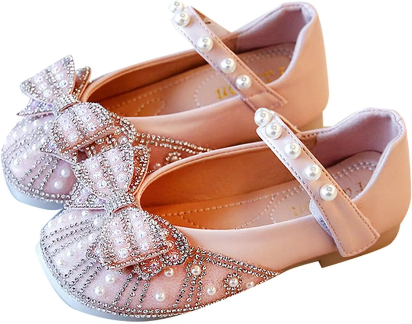 Girls Mary Jane Shoes Sparkl𝐞 Bow Pearl Sequins Ballet Flats for Wedding Party School Ankle Strap Slip On Sandals
