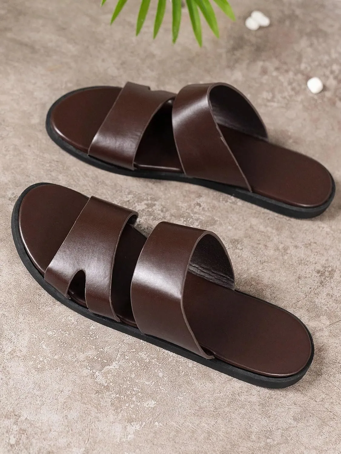 GORGLITTER Men's Beach Leather Sandals Slide Footwear Round Flip Flops Pu Slip On Slippers