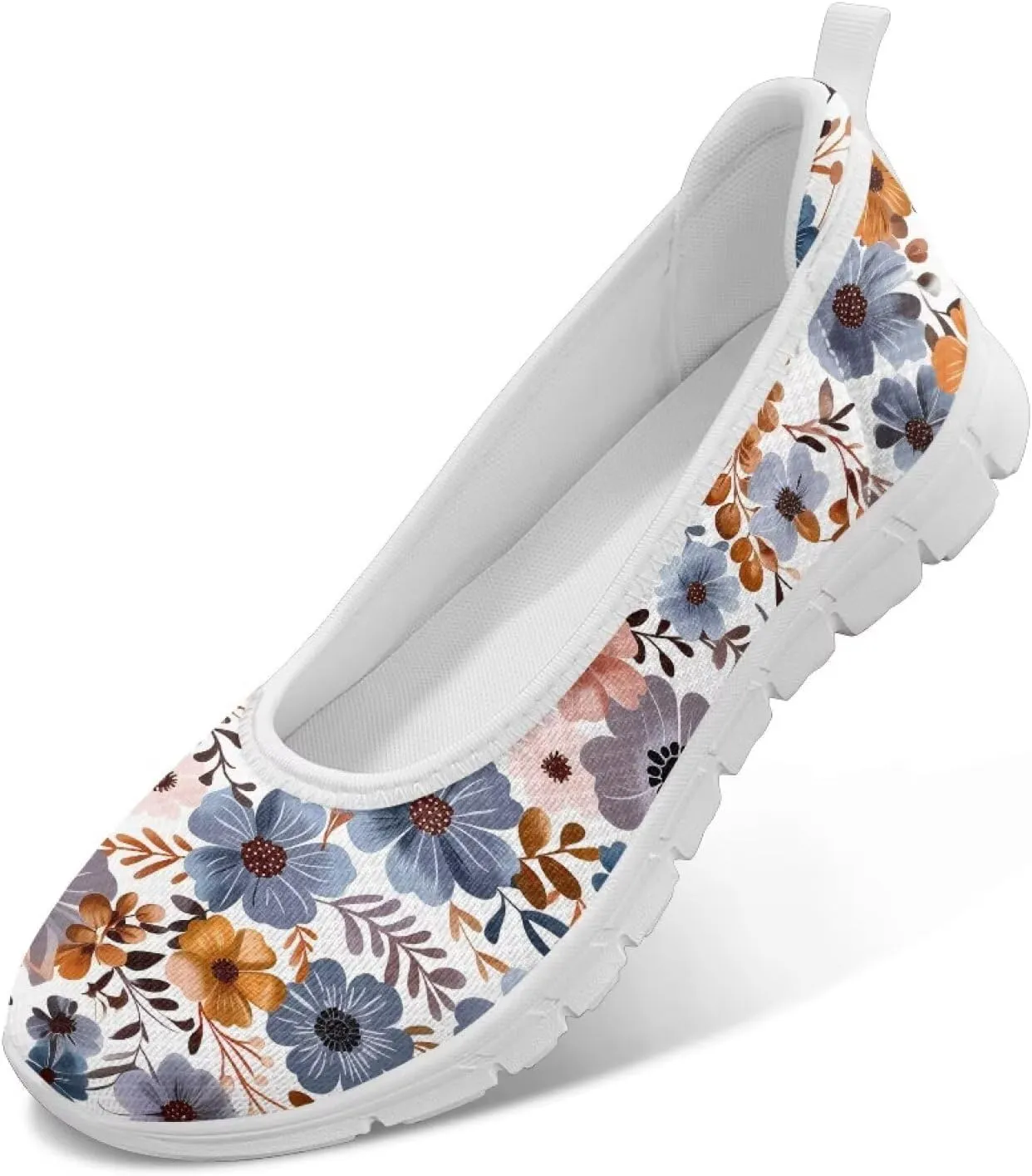 GOSTONG Women's Flowers Print Flats Mesh Shoes Slip On Round Toe Casual Loafers Lightweight Comfort Walking Travel Shoes White Sole Size 6-11