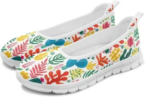 GOSTONG Women's Flowers Print Flats Mesh Shoes Slip On Round Toe Casual Loafers Lightweight Comfort Walking Travel Shoes White Sole Size 6-11