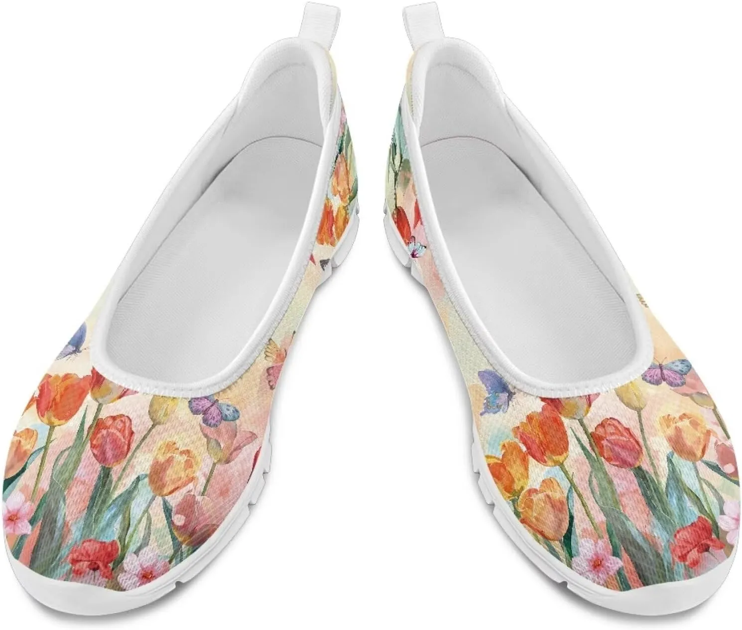 GOSTONG Women's Flowers Print Flats Mesh Shoes Slip On Round Toe Casual Loafers Lightweight Comfort Walking Travel Shoes White Sole Size 6-11