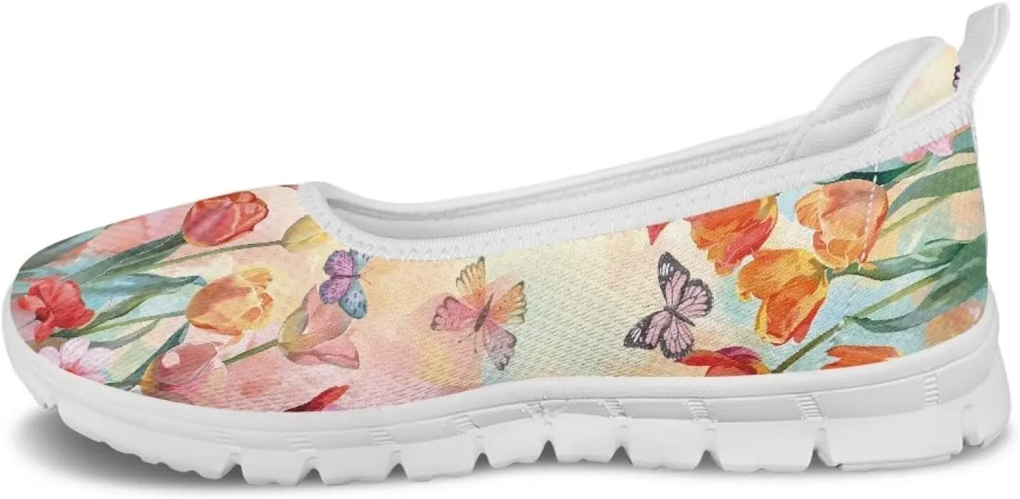 GOSTONG Women's Flowers Print Flats Mesh Shoes Slip On Round Toe Casual Loafers Lightweight Comfort Walking Travel Shoes White Sole Size 6-11