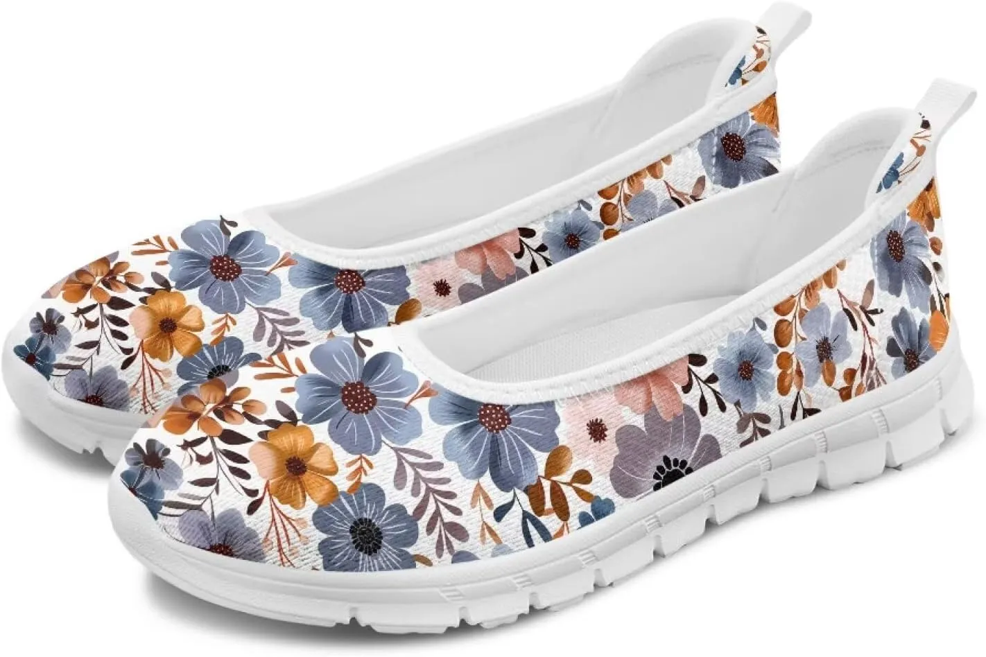 GOSTONG Women's Flowers Print Flats Mesh Shoes Slip On Round Toe Casual Loafers Lightweight Comfort Walking Travel Shoes White Sole Size 6-11