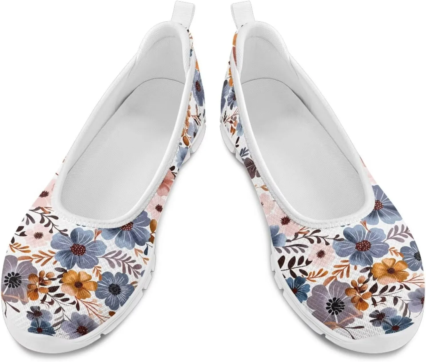 GOSTONG Women's Flowers Print Flats Mesh Shoes Slip On Round Toe Casual Loafers Lightweight Comfort Walking Travel Shoes White Sole Size 6-11