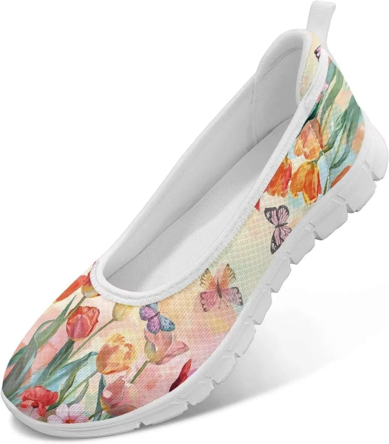 GOSTONG Women's Flowers Print Flats Mesh Shoes Slip On Round Toe Casual Loafers Lightweight Comfort Walking Travel Shoes White Sole Size 6-11