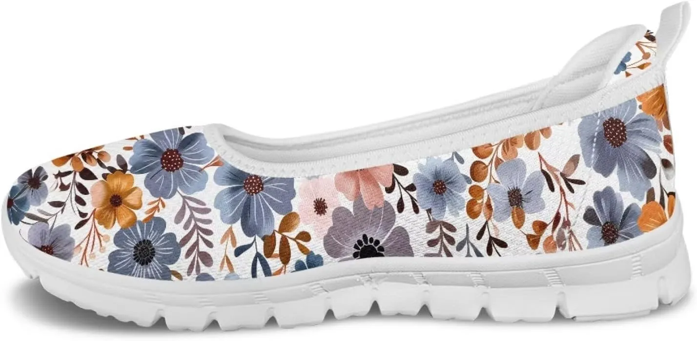 GOSTONG Women's Flowers Print Flats Mesh Shoes Slip On Round Toe Casual Loafers Lightweight Comfort Walking Travel Shoes White Sole Size 6-11