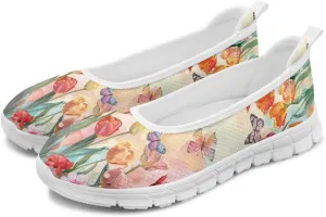 GOSTONG Women's Flowers Print Flats Mesh Shoes Slip On Round Toe Casual Loafers Lightweight Comfort Walking Travel Shoes White Sole Size 6-11
