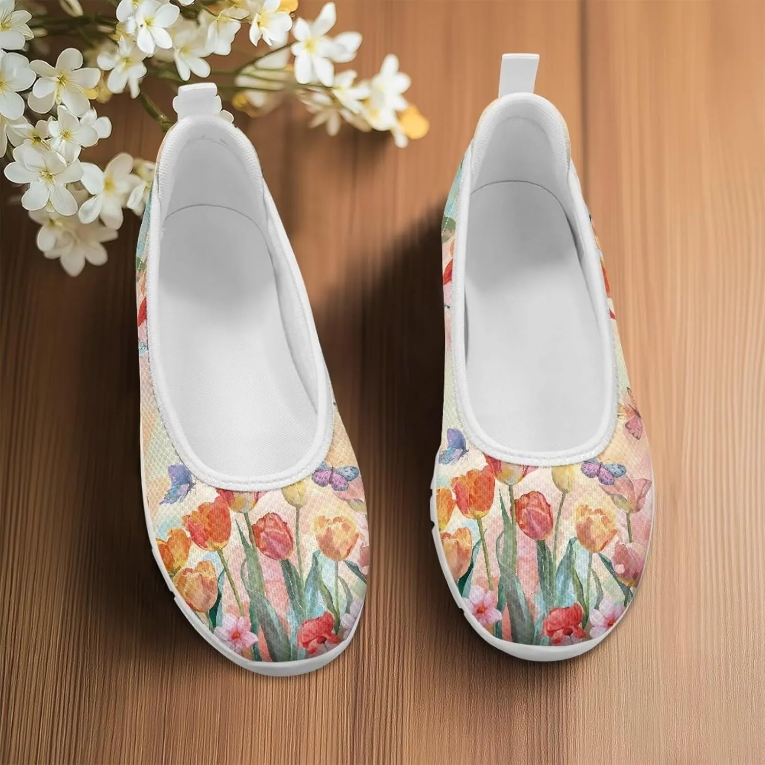 GOSTONG Women's Flowers Print Flats Mesh Shoes Slip On Round Toe Casual Loafers Lightweight Comfort Walking Travel Shoes White Sole Size 6-11
