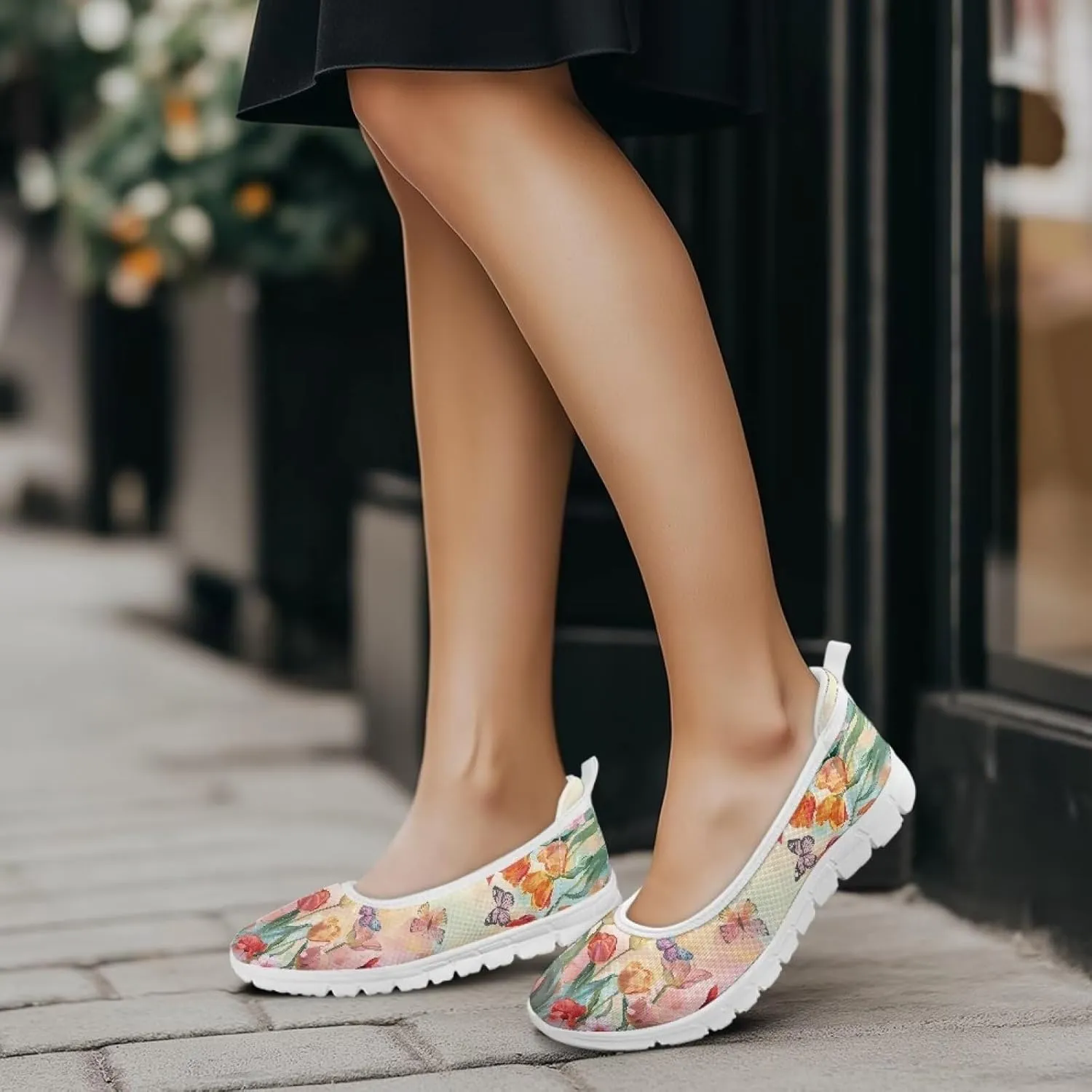 GOSTONG Women's Flowers Print Flats Mesh Shoes Slip On Round Toe Casual Loafers Lightweight Comfort Walking Travel Shoes White Sole Size 6-11