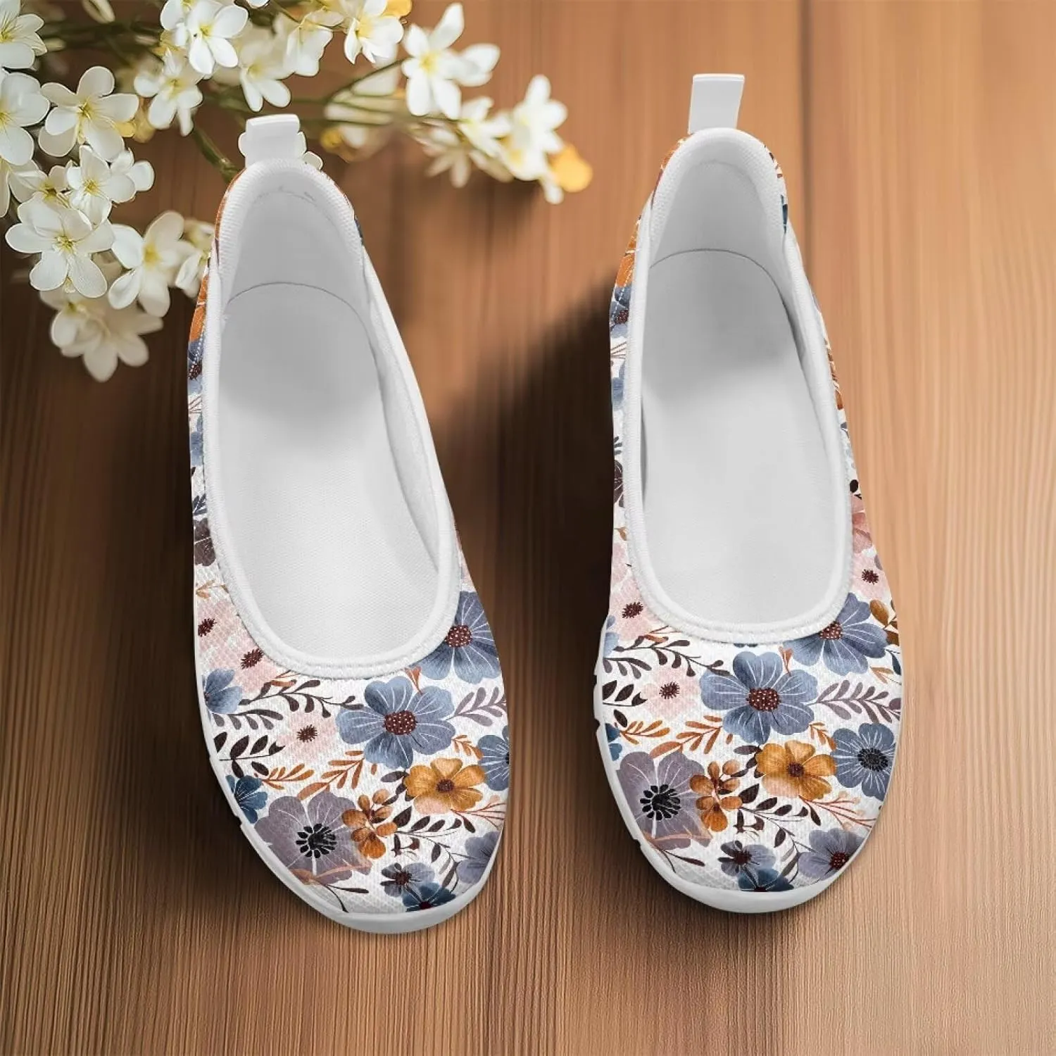 GOSTONG Women's Flowers Print Flats Mesh Shoes Slip On Round Toe Casual Loafers Lightweight Comfort Walking Travel Shoes White Sole Size 6-11
