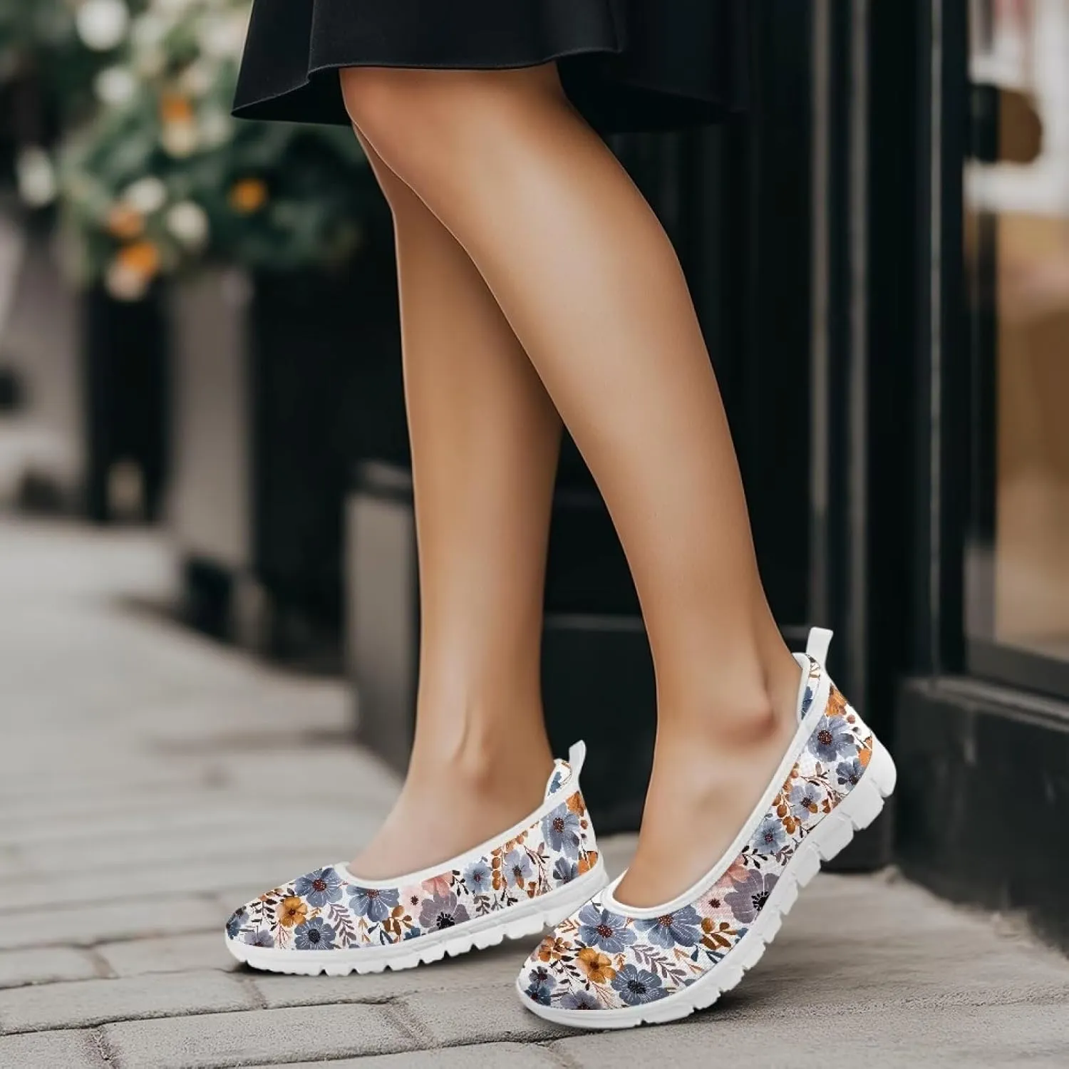 GOSTONG Women's Flowers Print Flats Mesh Shoes Slip On Round Toe Casual Loafers Lightweight Comfort Walking Travel Shoes White Sole Size 6-11