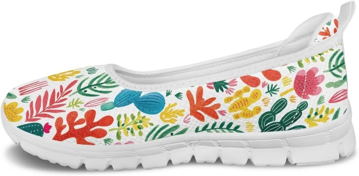 GOSTONG Women's Flowers Print Flats Mesh Shoes Slip On Round Toe Casual Loafers Lightweight Comfort Walking Travel Shoes White Sole Size 6-11
