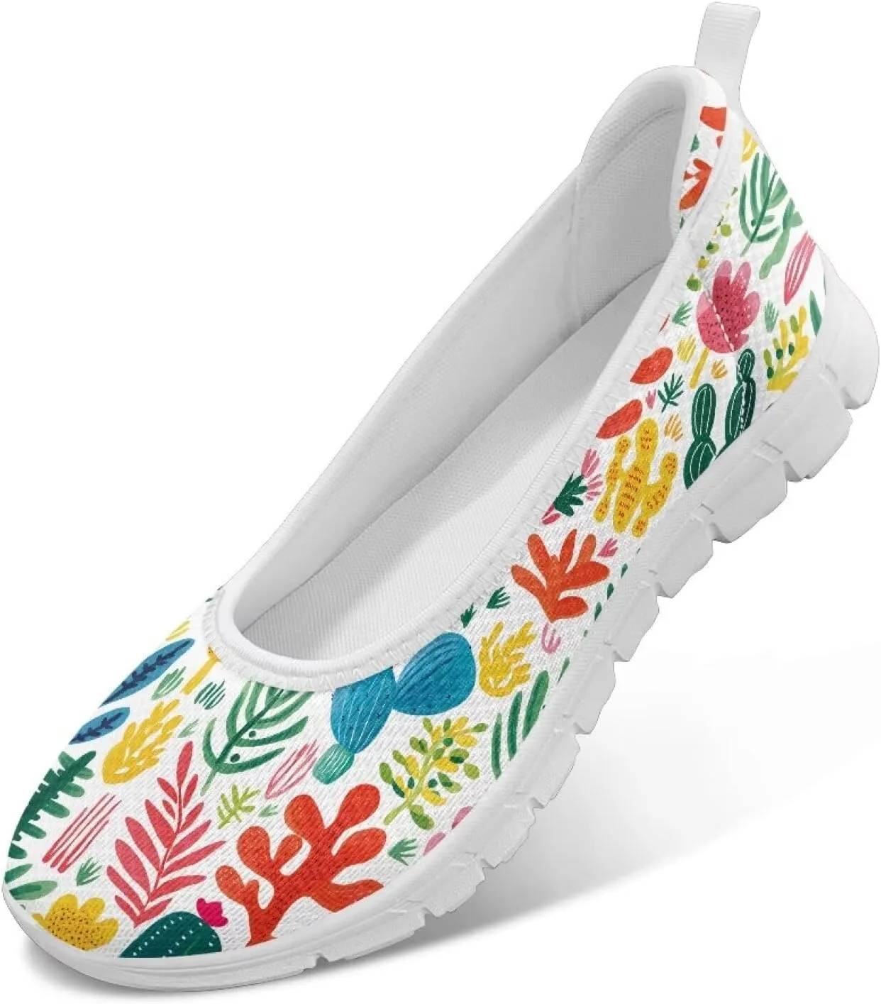 GOSTONG Women's Flowers Print Flats Mesh Shoes Slip On Round Toe Casual Loafers Lightweight Comfort Walking Travel Shoes White Sole Size 6-11
