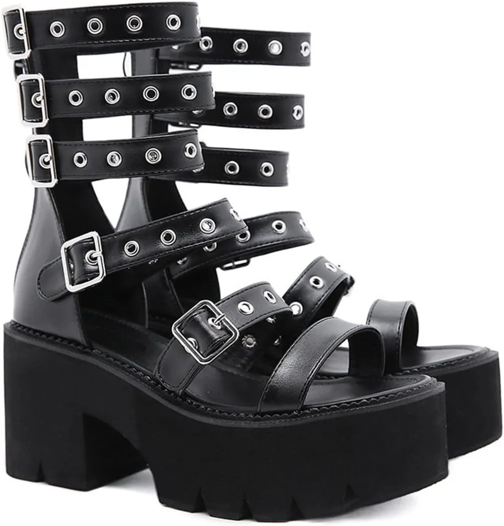 Gothniero women black platform sandals goth chunky wedge heel summer sandals girls gothic punk platform sandals for women metallic spider buckles slides size 5.5-11