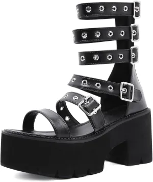 Gothniero women black platform sandals goth chunky wedge heel summer sandals girls gothic punk platform sandals for women metallic spider buckles slides size 5.5-11