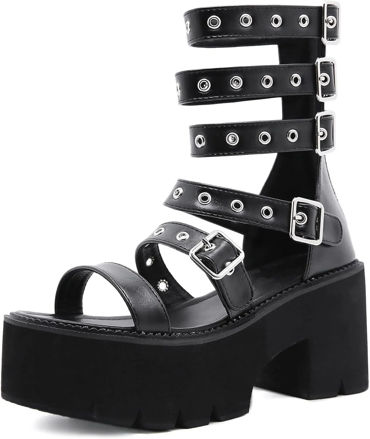 Gothniero women black platform sandals goth chunky wedge heel summer sandals girls gothic punk platform sandals for women metallic spider buckles slides size 5.5-11