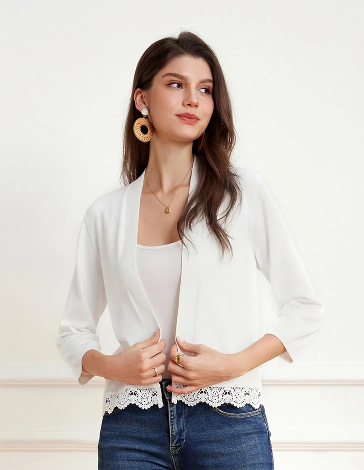GRACE KARIN Women 3/4 Sleeve Cropped Cardigan Open Front V Neck Lace Lightweight Bolero Short Shrugs 2025 Summer