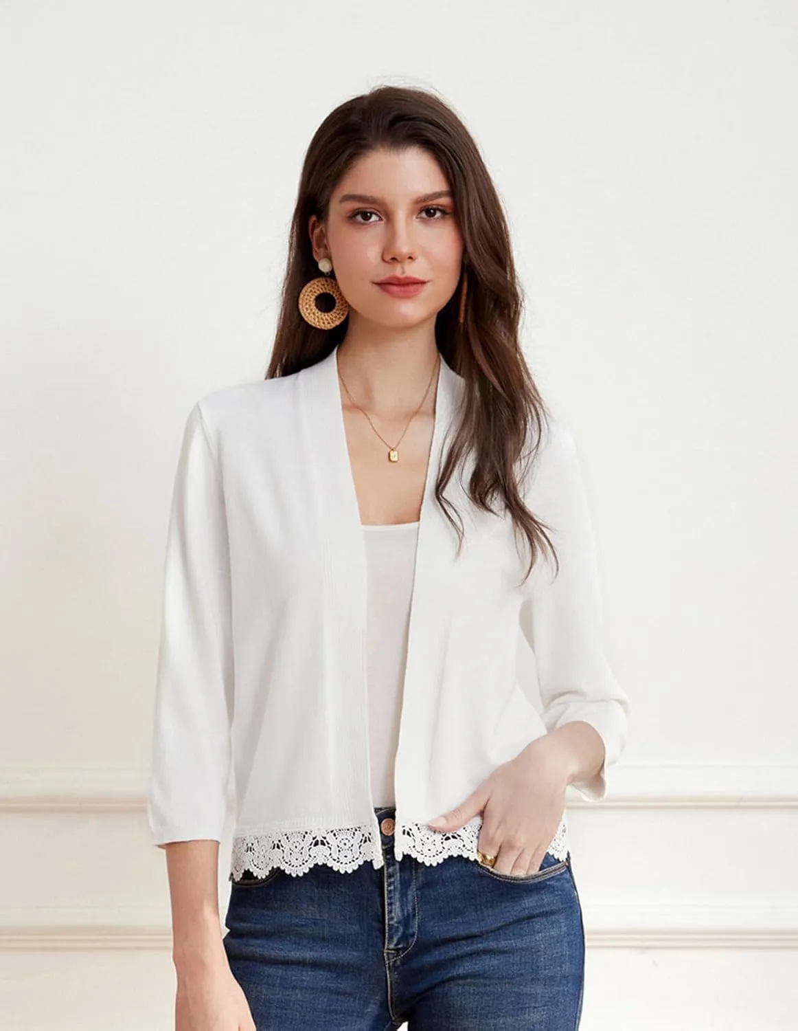 GRACE KARIN Women 3/4 Sleeve Cropped Cardigan Open Front V Neck Lace Lightweight Bolero Short Shrugs 2025 Summer
