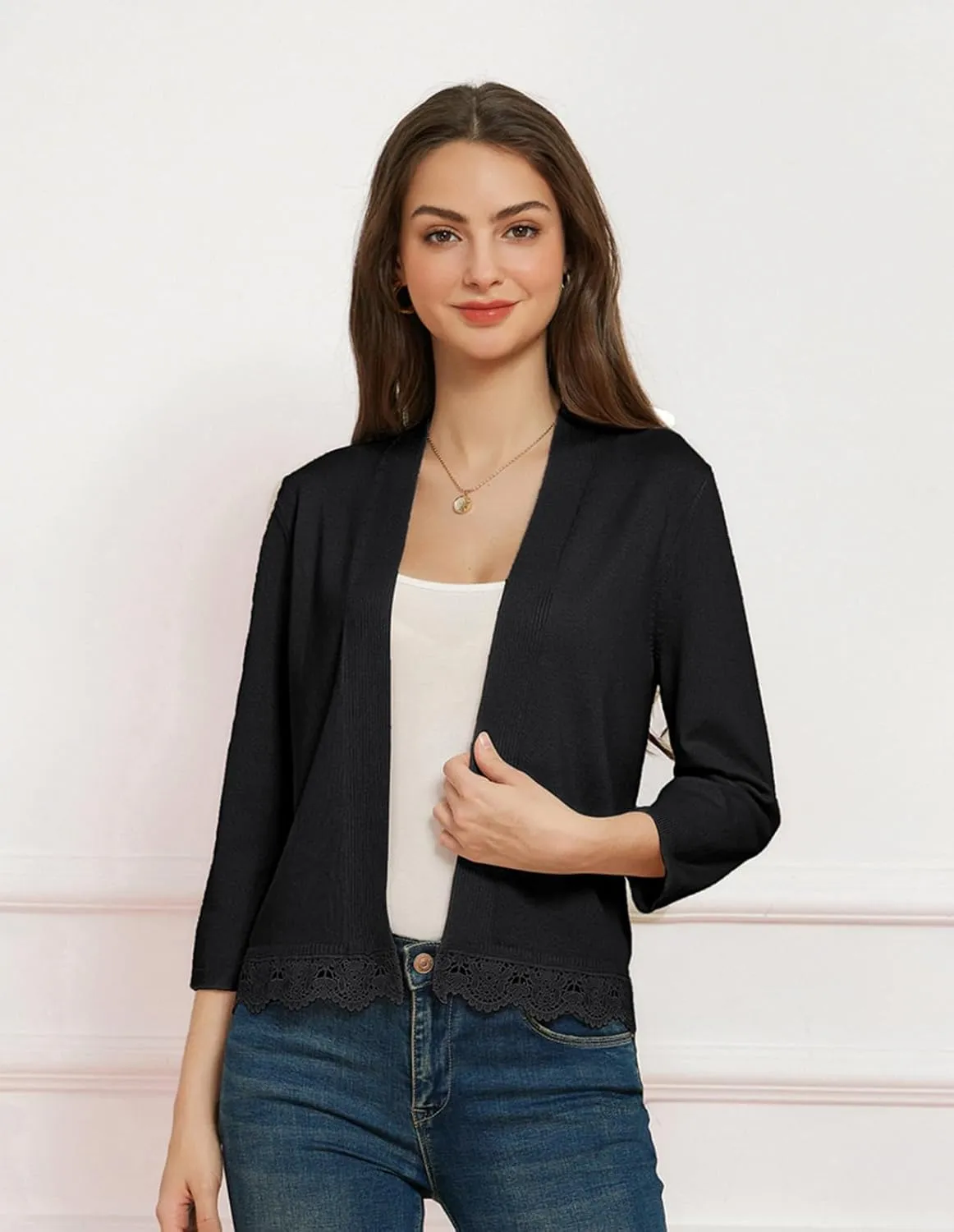 GRACE KARIN Women 3/4 Sleeve Cropped Cardigan Open Front V Neck Lace Lightweight Bolero Short Shrugs 2025 Summer
