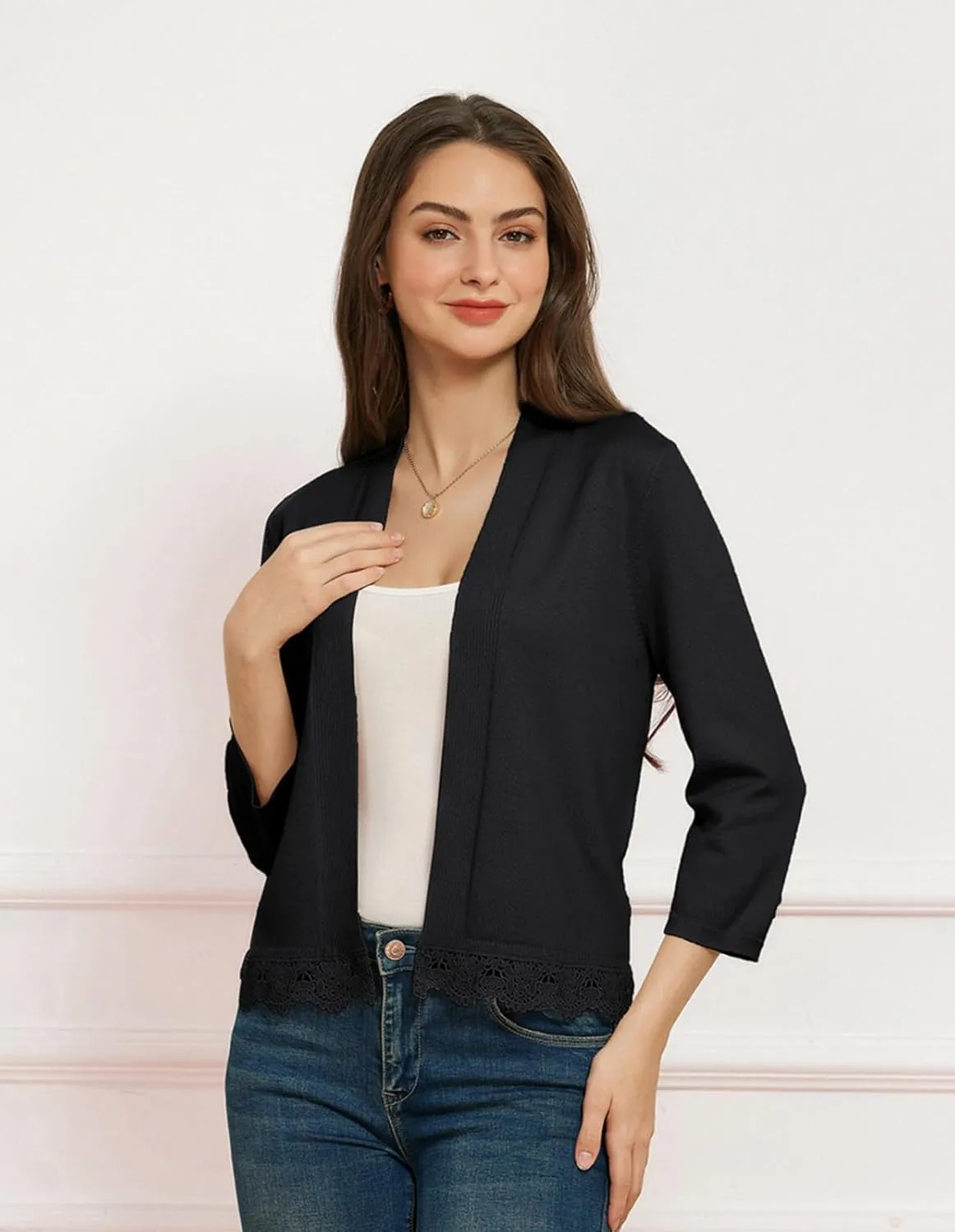 GRACE KARIN Women 3/4 Sleeve Cropped Cardigan Open Front V Neck Lace Lightweight Bolero Short Shrugs 2025 Summer