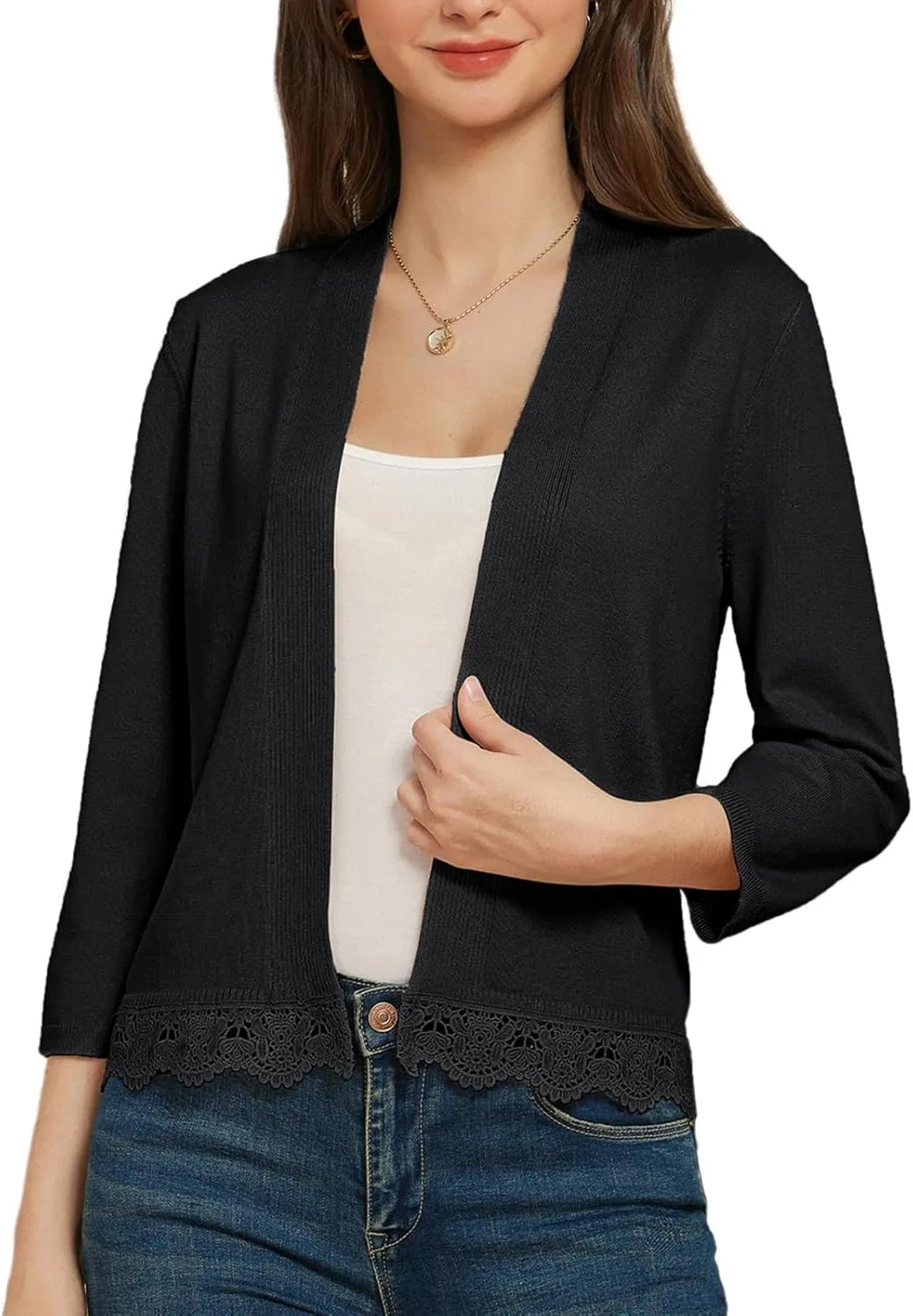GRACE KARIN Women 3/4 Sleeve Cropped Cardigan Open Front V Neck Lace Lightweight Bolero Short Shrugs 2025 Summer