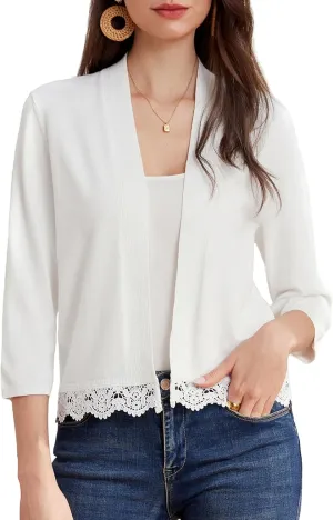 GRACE KARIN Women 3/4 Sleeve Cropped Cardigan Open Front V Neck Lace Lightweight Bolero Short Shrugs 2025 Summer