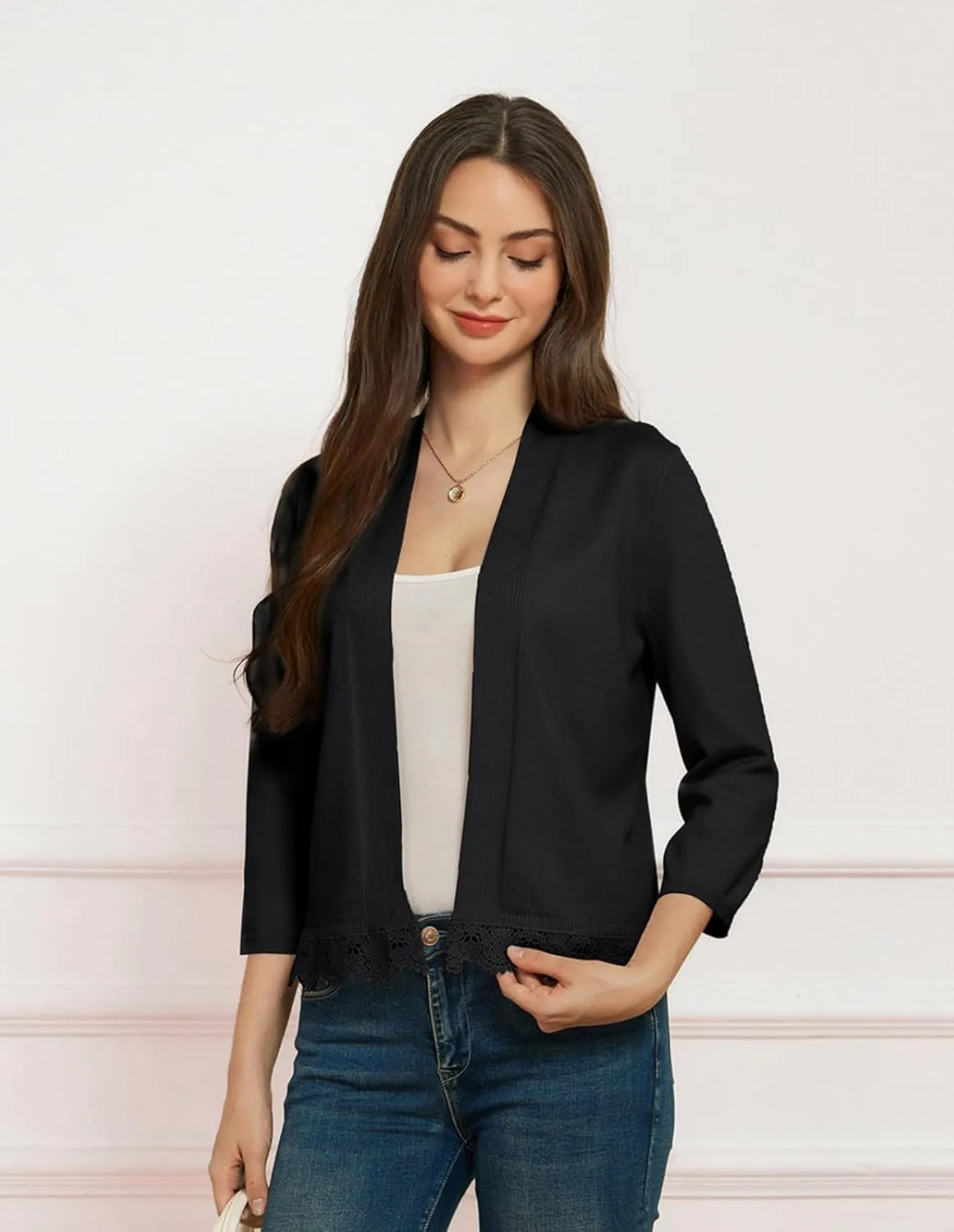 GRACE KARIN Women 3/4 Sleeve Cropped Cardigan Open Front V Neck Lace Lightweight Bolero Short Shrugs 2025 Summer