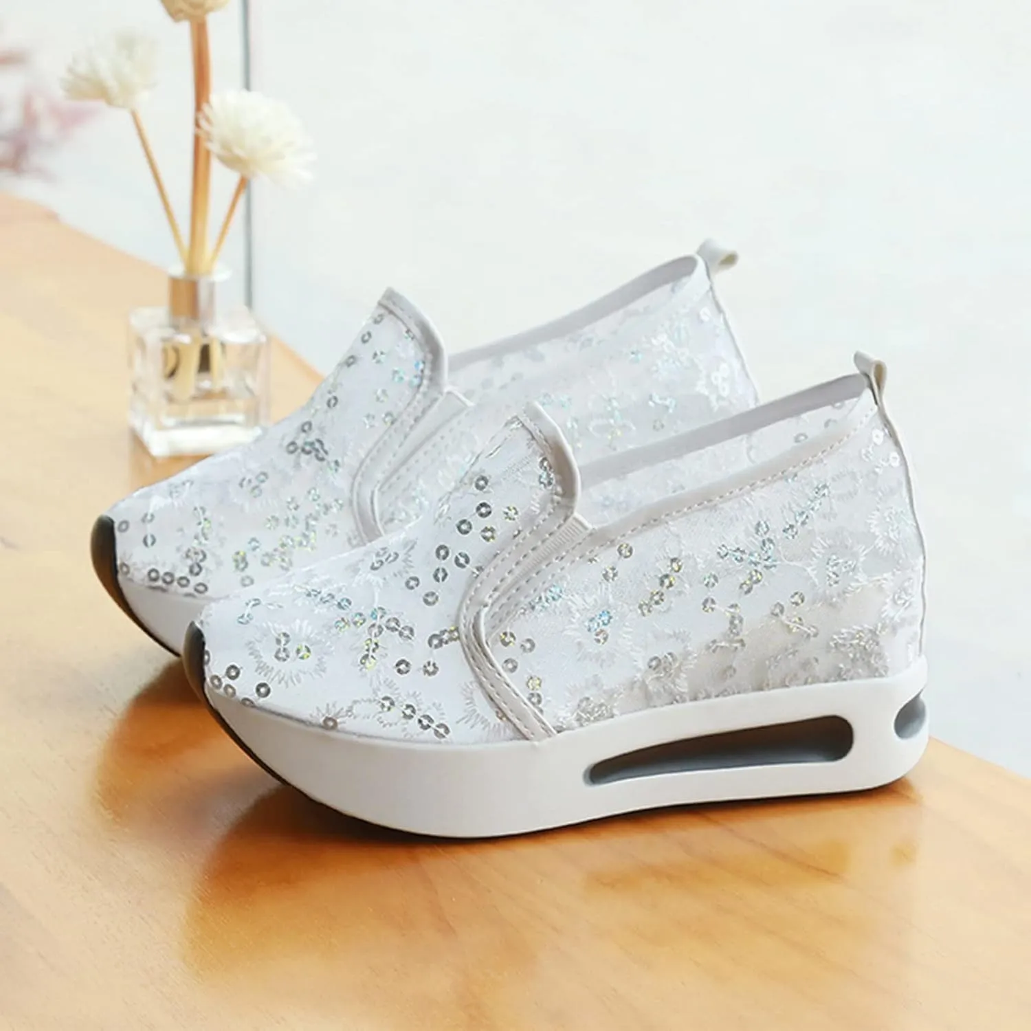 Hbeylia Platform Wedge Sneakers for Women Fashion Embroidery Floral Mesh Air Comfort Chunky Sole Hidden High Heels Slip On Loafers Breathable Walking Work Shoes with Arch Support