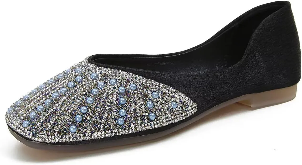 Hee grand Glittery Rhinestones Ballet Flats for Wedding Party Square Toe Slip-On Flats Comfort Light Weight Loafers Sparkling Crystals Fashion Dress Shoes