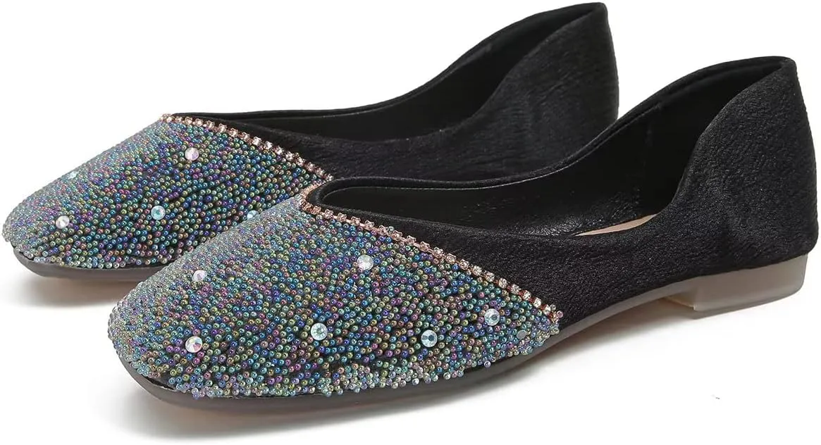 Hee grand Glittery Rhinestones Ballet Flats for Wedding Party Square Toe Slip-On Flats Comfort Light Weight Loafers Sparkling Crystals Fashion Dress Shoes