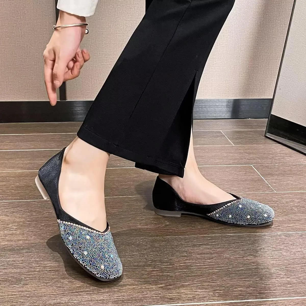 Hee grand Glittery Rhinestones Ballet Flats for Wedding Party Square Toe Slip-On Flats Comfort Light Weight Loafers Sparkling Crystals Fashion Dress Shoes