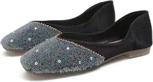 Hee grand Glittery Rhinestones Ballet Flats for Wedding Party Square Toe Slip-On Flats Comfort Light Weight Loafers Sparkling Crystals Fashion Dress Shoes