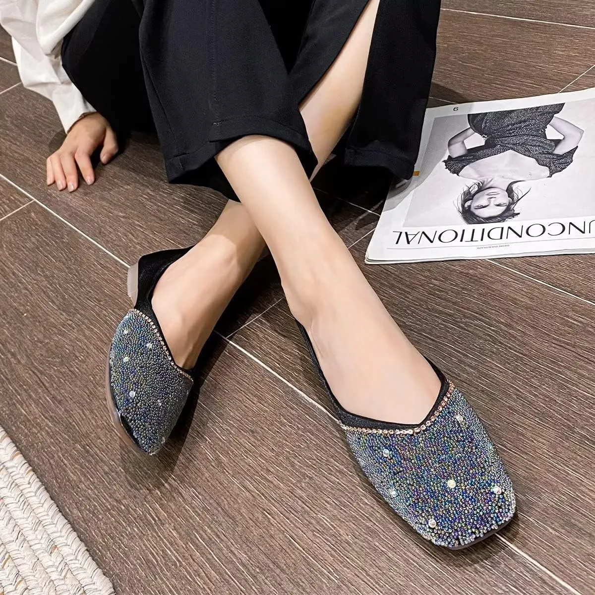 Hee grand Glittery Rhinestones Ballet Flats for Wedding Party Square Toe Slip-On Flats Comfort Light Weight Loafers Sparkling Crystals Fashion Dress Shoes