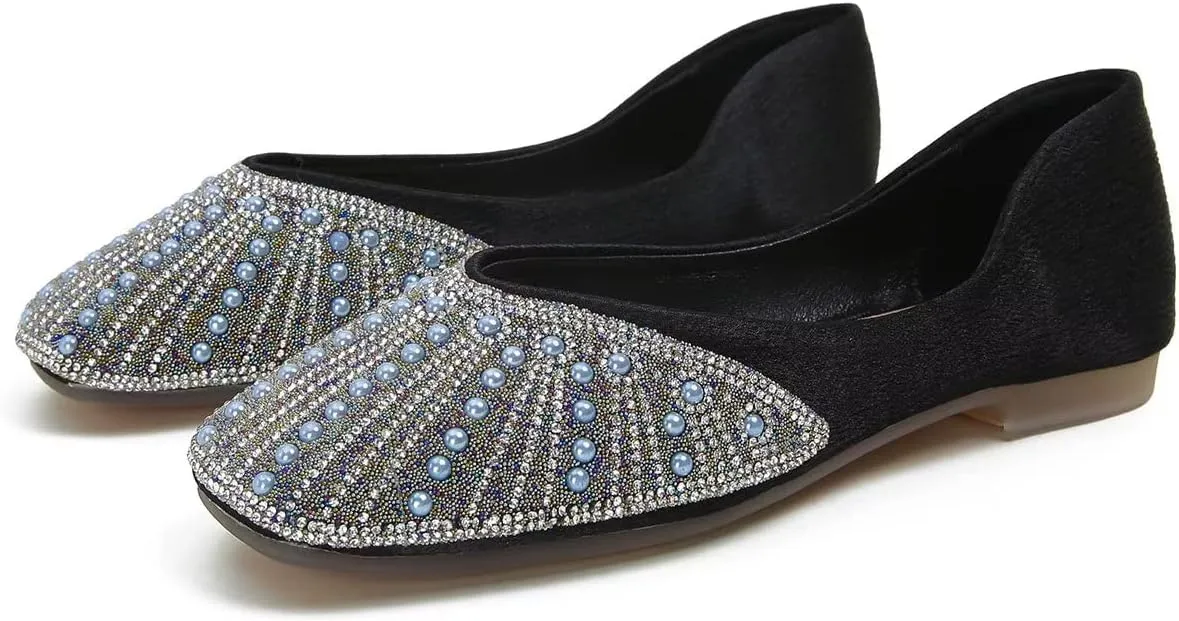 Hee grand Glittery Rhinestones Ballet Flats for Wedding Party Square Toe Slip-On Flats Comfort Light Weight Loafers Sparkling Crystals Fashion Dress Shoes
