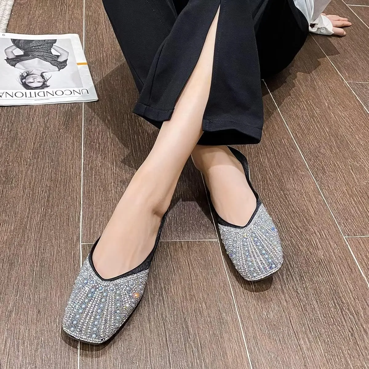 Hee grand Glittery Rhinestones Ballet Flats for Wedding Party Square Toe Slip-On Flats Comfort Light Weight Loafers Sparkling Crystals Fashion Dress Shoes